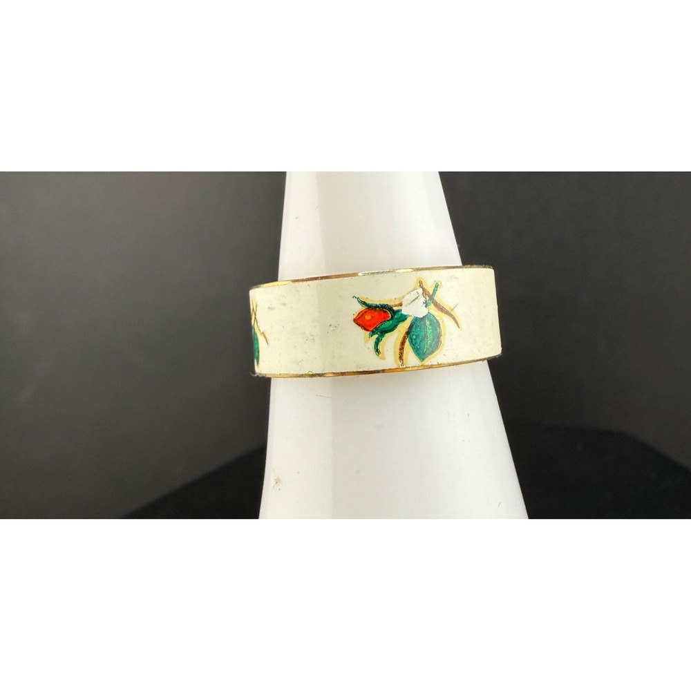 Vintage Estate Enamel Band Ring Cream Gold Tone Floral Rose Size 7